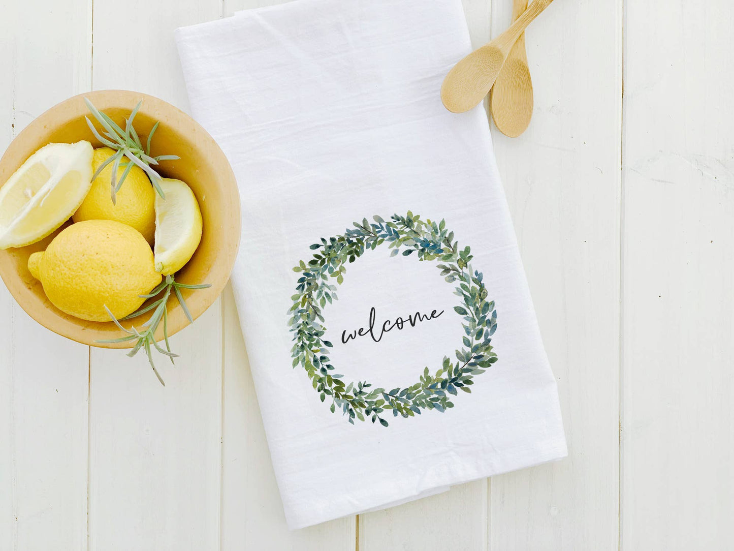 Welcome Boxwood Wreath - Cotton Tea Towel