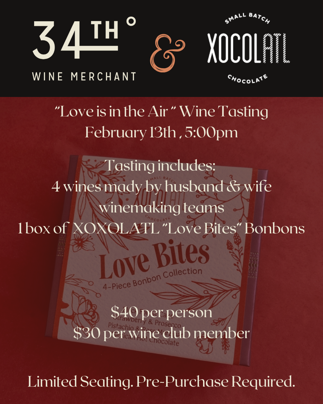 "Love is in the Air" Valentine's Eve Wine Tasting with XOXOLATL Chocolates