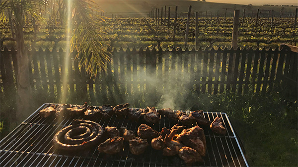 a barbecue with various foods cooking on it in front of a vineyard