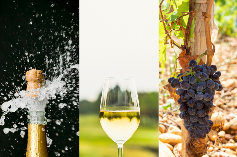 Triple photo of wine, grape, and popping cork